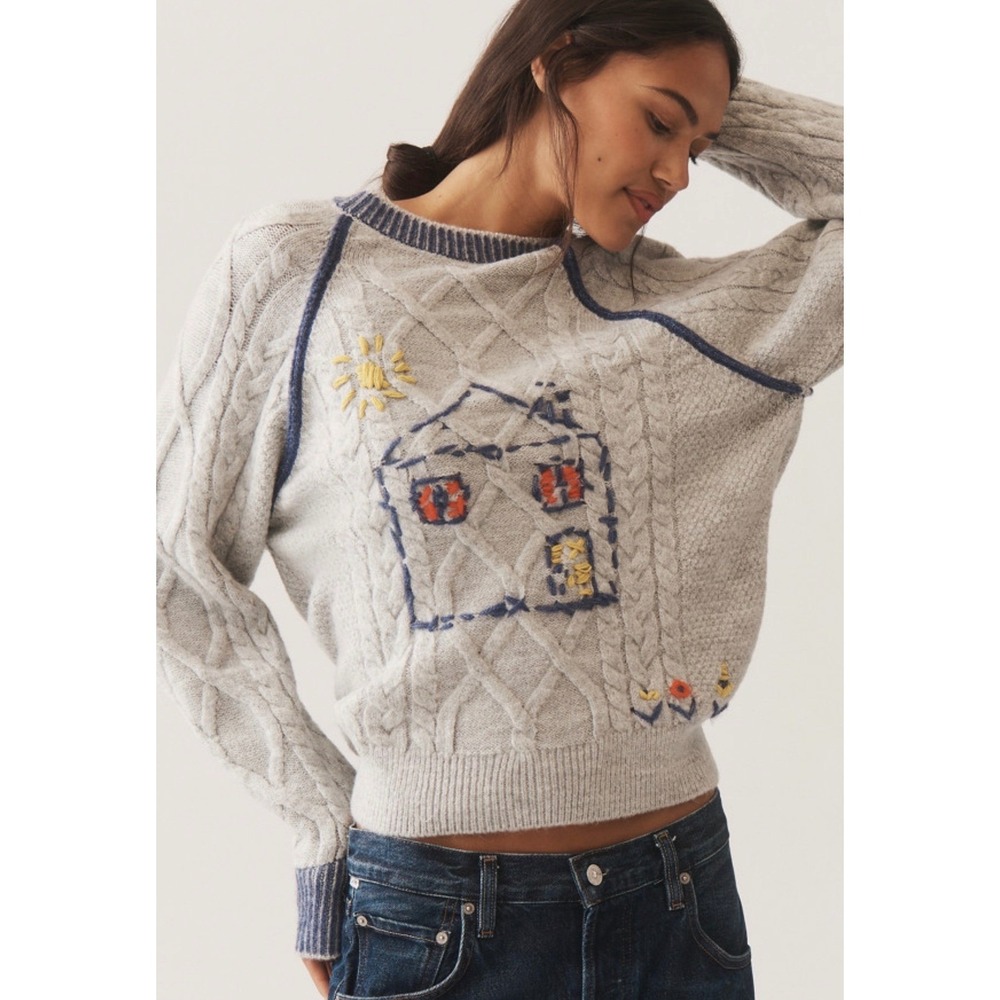 Pilcro Anthropologie Grey Cable Knit Embroidered House Sweater XXS New